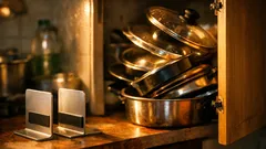 Trik bookend untuk susun penutup periuk menegak, kabinet dapur terus lapang