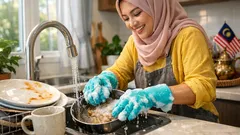 Sarung tangan berus silikon DAISO buat basuh pinggan lebih cepat dan tangan kurang kering