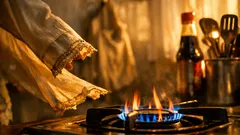 Pakaian memasak yang selamat: elak lengan labuh dan kain berbulu dekat dapur gas