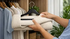 Cara gantung sweater tanpa rosakkan bahu guna teknik lipat pada hanger